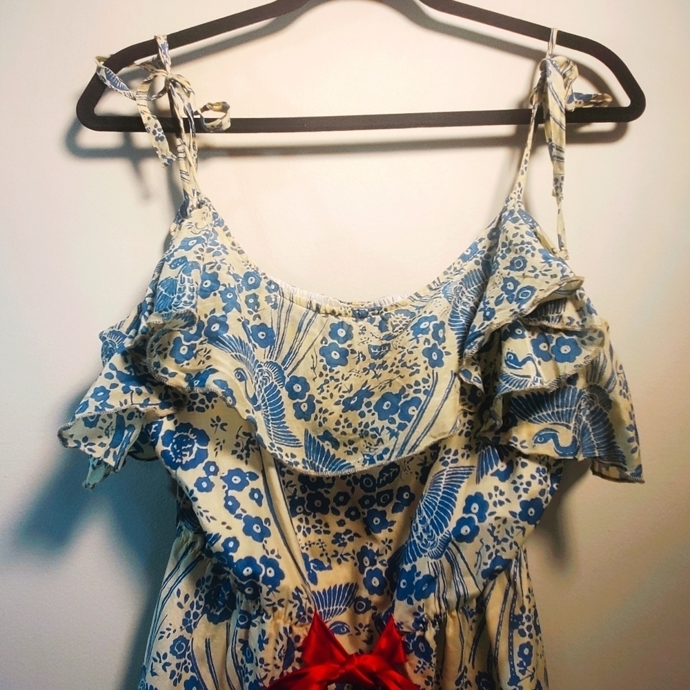 ANTHROPOLOGIE Midi Sundress Flutter Neckline Floral A-Line Ruffle Blue & Cream - Picture 4 of 15